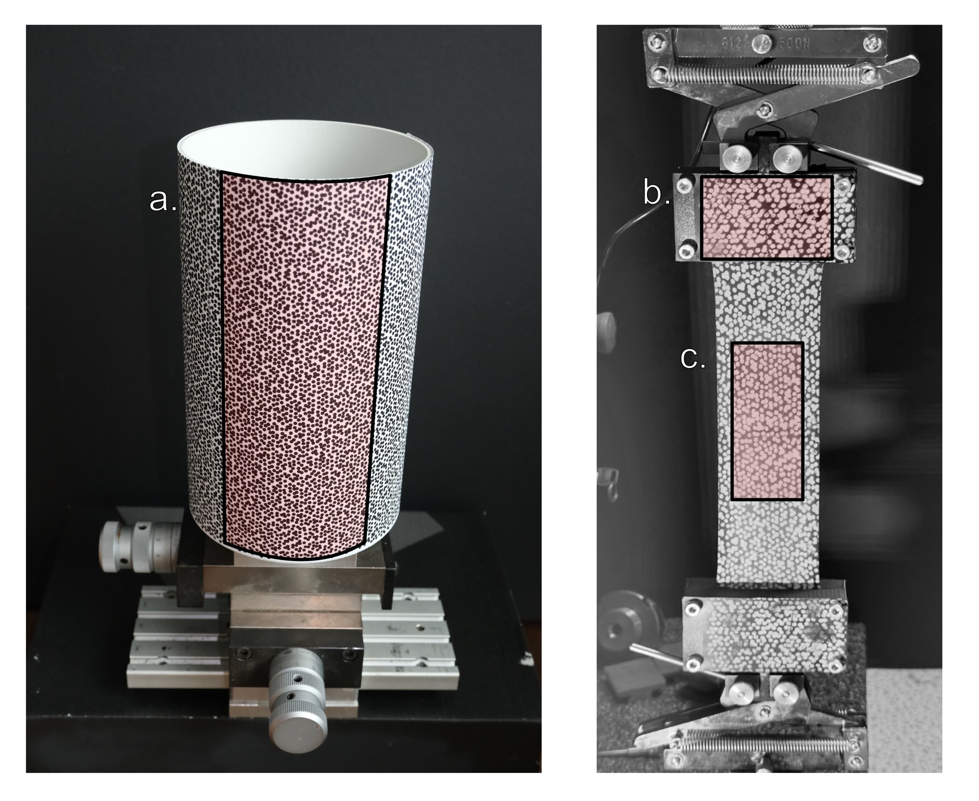Speckled calibration cylinder and tensile test rig used to validate the system