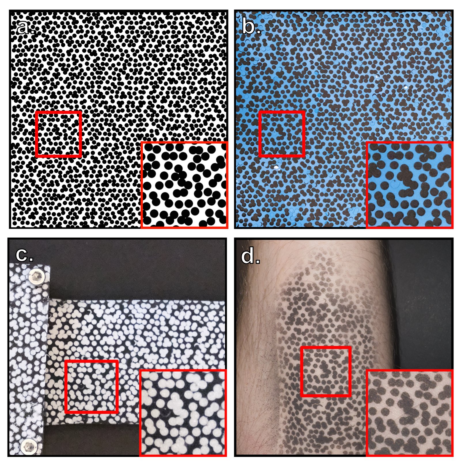 Speckle pattern applied to a synthetic target, a test material, a device bracket, and skin